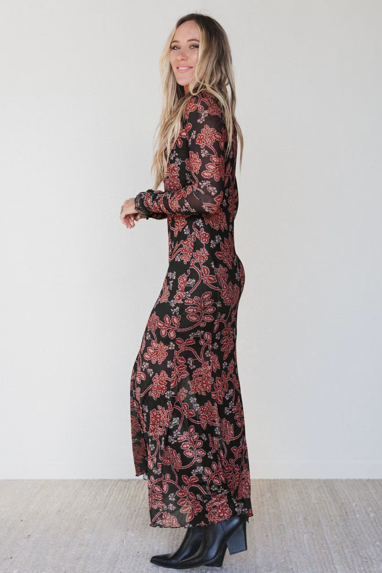 Black Retro Floral Print Long Sleeve Casual Mesh Dress-Dresses/Maxi Dresses-[Adult]-[Female]-2022 Online Blue Zone Planet