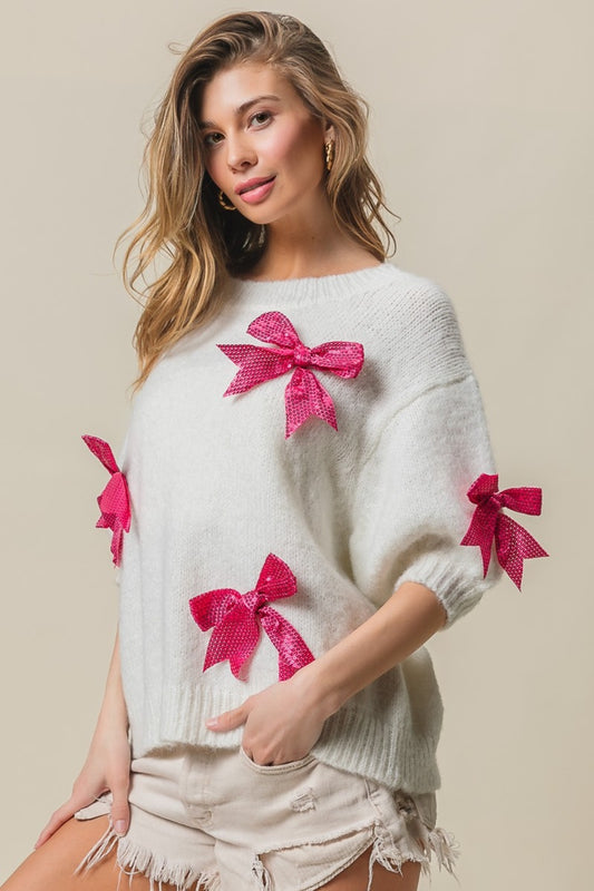 BiBi Sequin Bow Puff Sleeve Sweater-TOPS / DRESSES-[Adult]-[Female]-Ivory/Fuchsia-S-2022 Online Blue Zone Planet