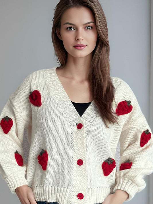 Crochet Strawberry V-Neck Long Sleeve Cardigan-NEW ARRIVALS-[Adult]-[Female]-Scarlet-One Size-2022 Online Blue Zone Planet