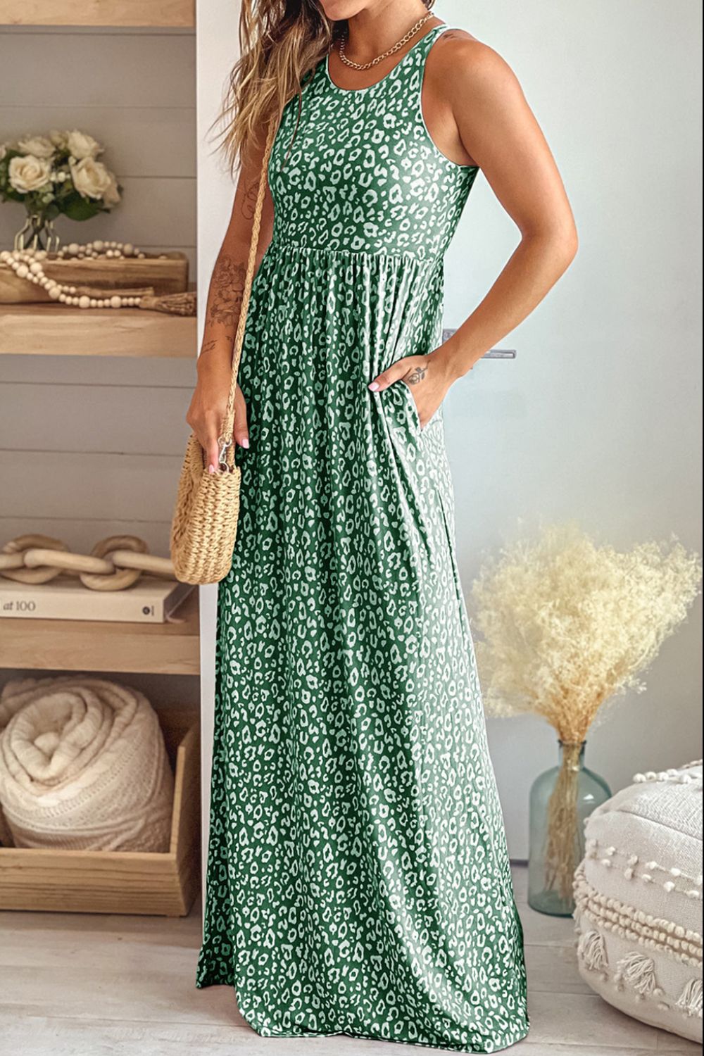 Leopard Round Neck Sleeveless Maxi Dress-TOPS / DRESSES-[Adult]-[Female]-Sage-XL-2022 Online Blue Zone Planet