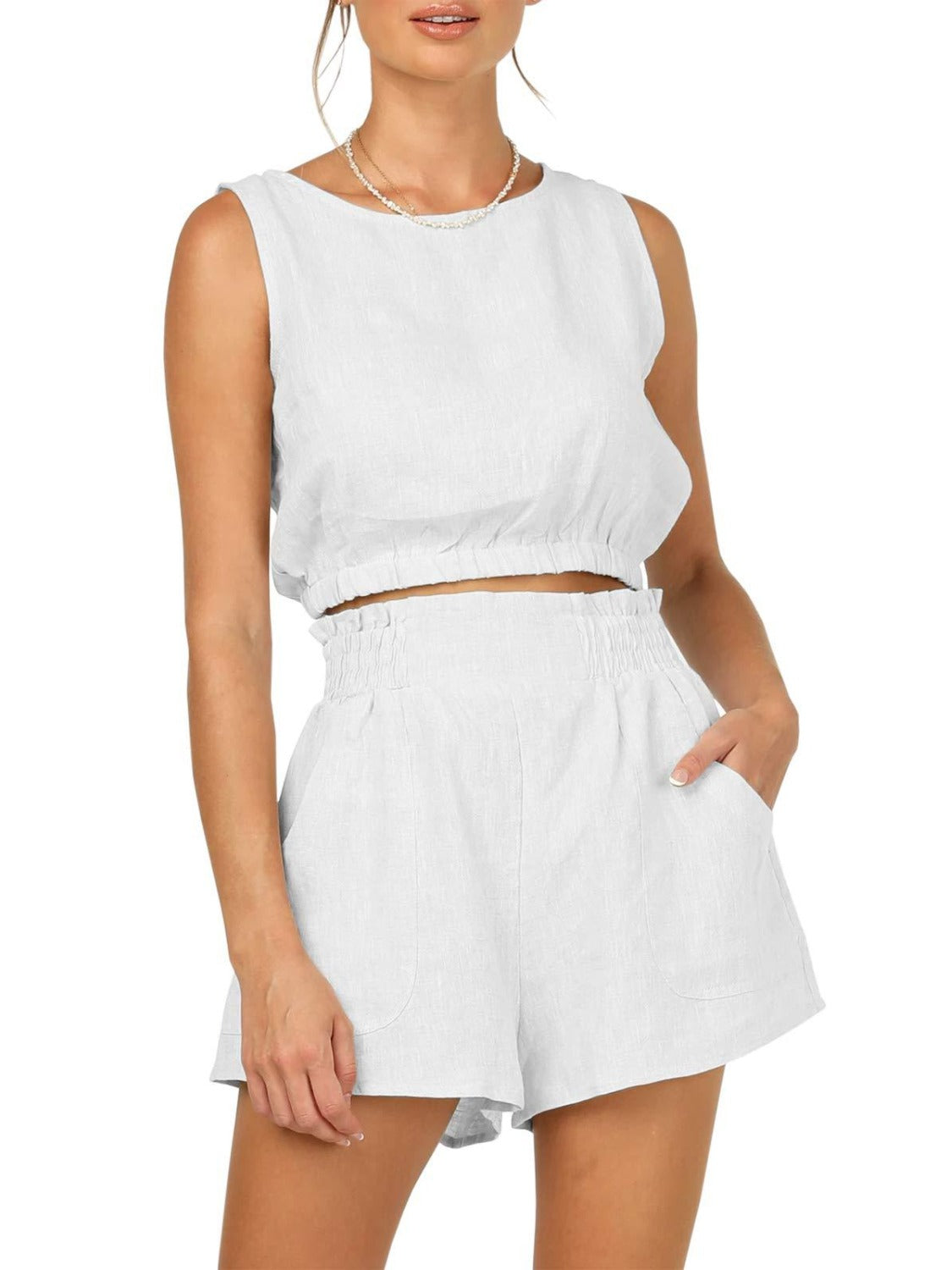 Blue Zone Planet | Round Neck Sleeveless Top and Shorts Set-TOPS / DRESSES-[Adult]-[Female]-White-S-2022 Online Blue Zone Planet