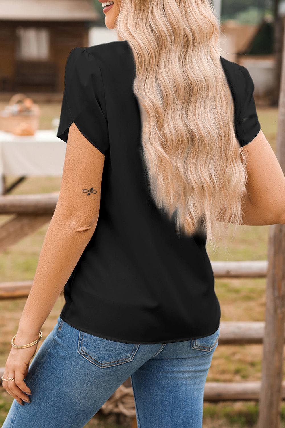 Black Silky Notched Neckline Petal Sleeve Blouse-Tops/Blouses & Shirts-[Adult]-[Female]-2022 Online Blue Zone Planet