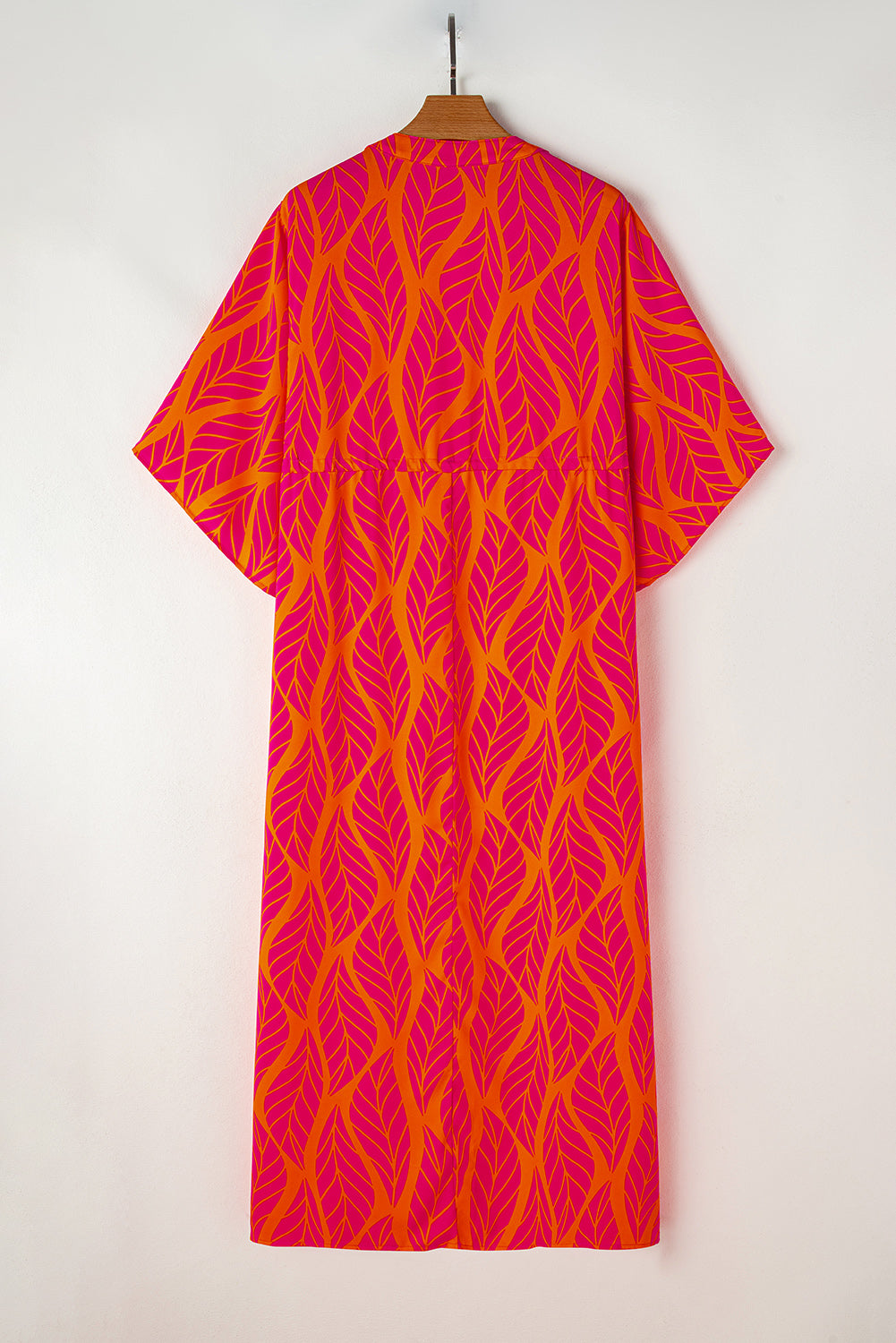 Blue Zone Planet | Orange Leafy Print 3/4 Sleeve V Neck Buttoned Split Maxi Dress-TOPS / DRESSES-[Adult]-[Female]-2022 Online Blue Zone Planet