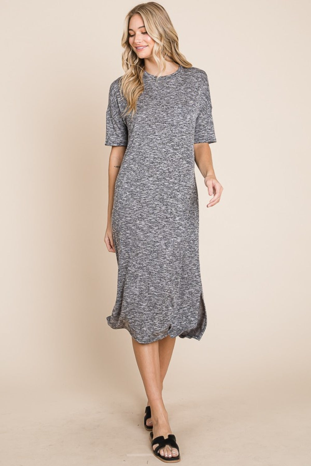 BOMBOM Slit Round Neck Half Sleeve Midi Dress-TOPS / DRESSES-[Adult]-[Female]-Grey-S-2022 Online Blue Zone Planet