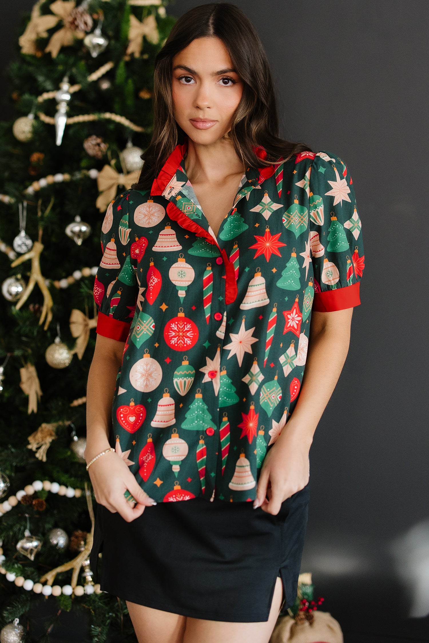 Green Christmas Fashion Print Contrast Trim Frilled Neck Short Sleeve Blouse-Tops/Blouses & Shirts-[Adult]-[Female]-2022 Online Blue Zone Planet