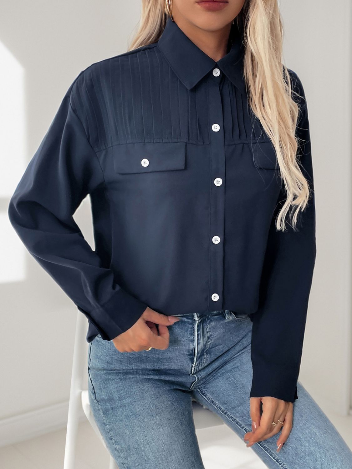 Perfee Buttoned Down Long Sleeve Shirt-TOPS / DRESSES-[Adult]-[Female]-2022 Online Blue Zone Planet