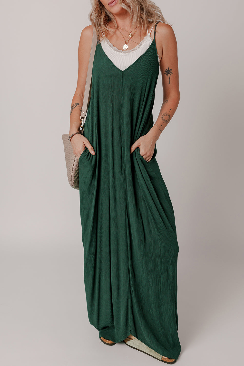 Duffel Green Spaghetti Straps Pocketed Slouchy Maxi Dress-TOPS / DRESSES-[Adult]-[Female]-Duffel Green-S-2022 Online Blue Zone Planet