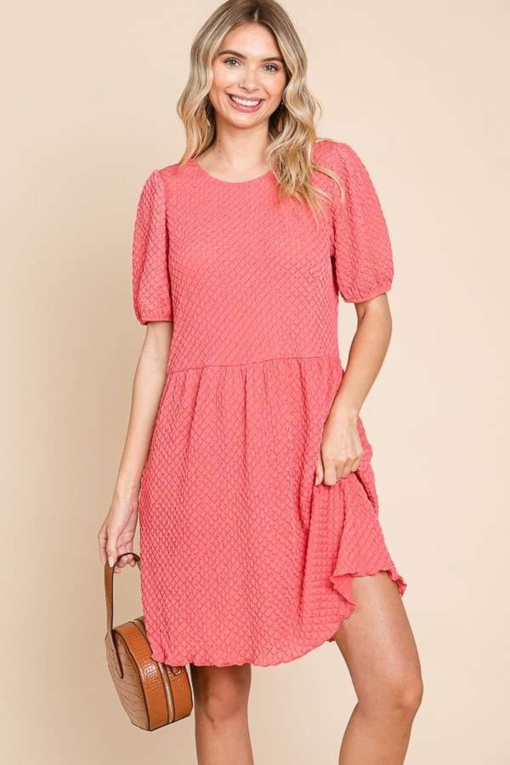 Culture Code Full Size Textured Round Neck Puff Sleeve Dress-TOPS / DRESSES-[Adult]-[Female]-New Coral Pink-S-2022 Online Blue Zone Planet