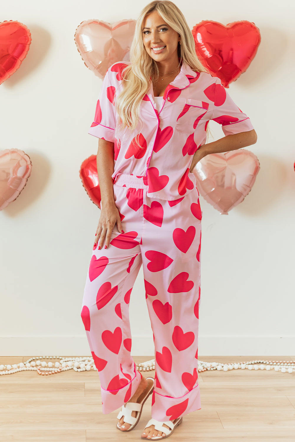 Blue Zone Planet | Pink Classic Heart Valentines Short Sleeve Pants Pajamas Set-Loungewear & Sleepwear/Sleepwear-[Adult]-[Female]-2022 Online Blue Zone Planet