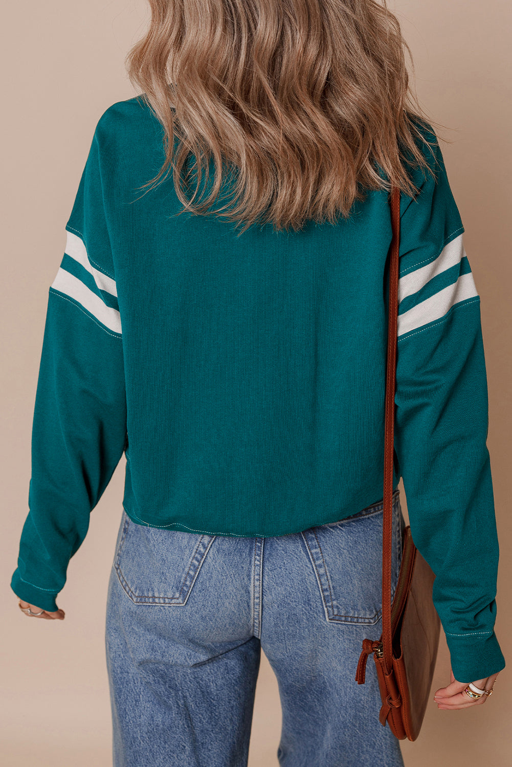 Blackish Green Contrast Striped Patchwork Round Neck Drop Shoulder Sweatshirt-Tops/Sweatshirts & Hoodies-[Adult]-[Female]-2022 Online Blue Zone Planet