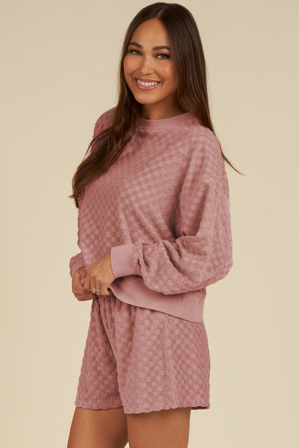 Blue Zone Planet | Blossom Checkered Textured Long Sleeve Top and Shorts Set-Two Piece Sets/Short Sets-[Adult]-[Female]-2022 Online Blue Zone Planet