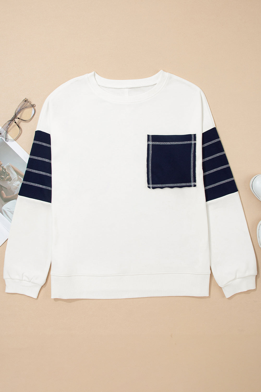 White Exposed Seam Detail Color Block Patch Pocket Drop Shoulder Sweatshirt-Tops/Sweatshirts & Hoodies-[Adult]-[Female]-2022 Online Blue Zone Planet