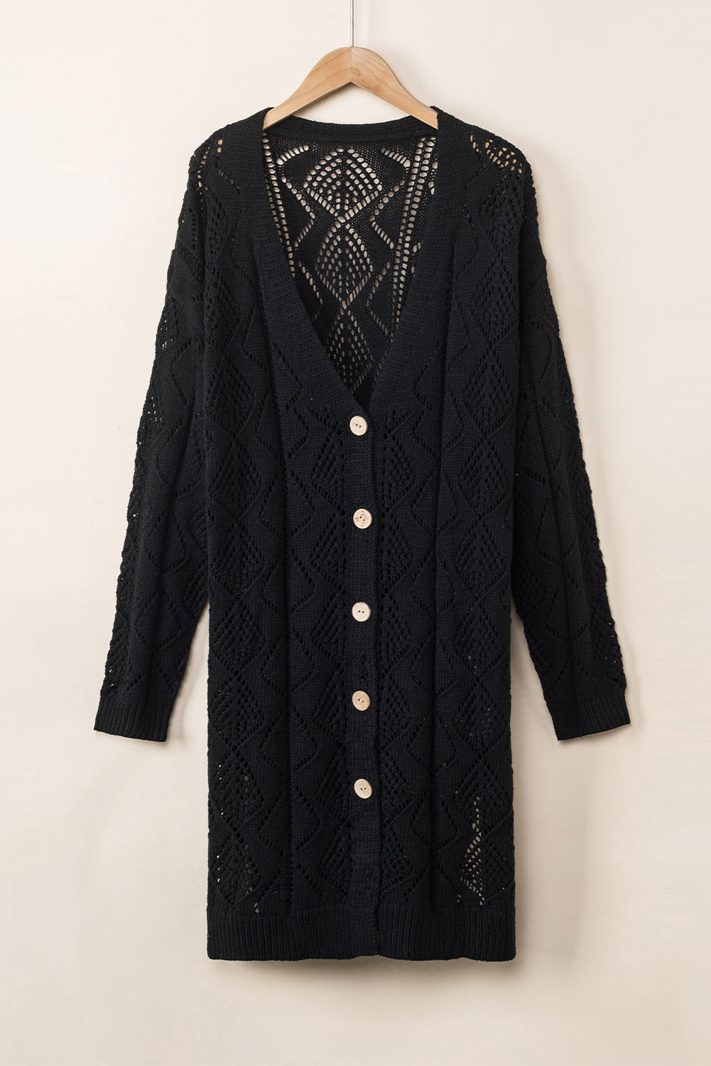 Black Button Up Hollow Out Loose Long Cardigan-Cardigans-[Adult]-[Female]-2022 Online Blue Zone Planet