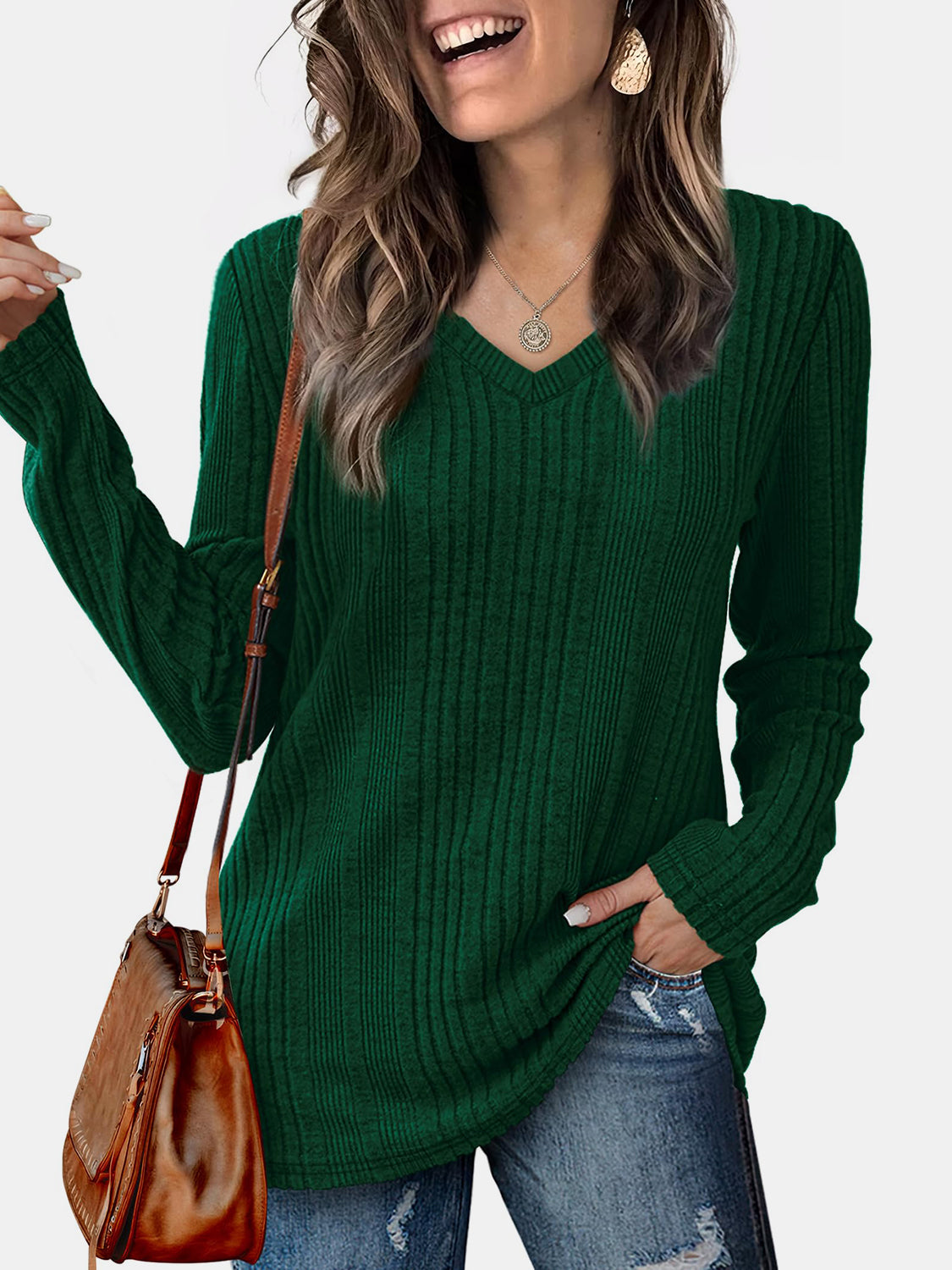 V-Neck Long Sleeve T-Shirt-TOPS / DRESSES-[Adult]-[Female]-Dark Green-S-2022 Online Blue Zone Planet