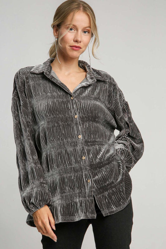 Umgee Ruched Tiered Button Up Shirt-TOPS / DRESSES-[Adult]-[Female]-Gunmetal-S-2022 Online Blue Zone Planet