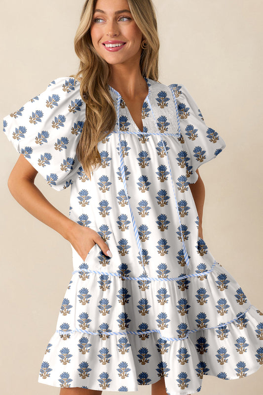 Sky Blue Floral Puff Sleeve Tied Neck Pocketed Mini Dress-Dresses/Floral Dresses-[Adult]-[Female]-Sky Blue-S-2022 Online Blue Zone Planet