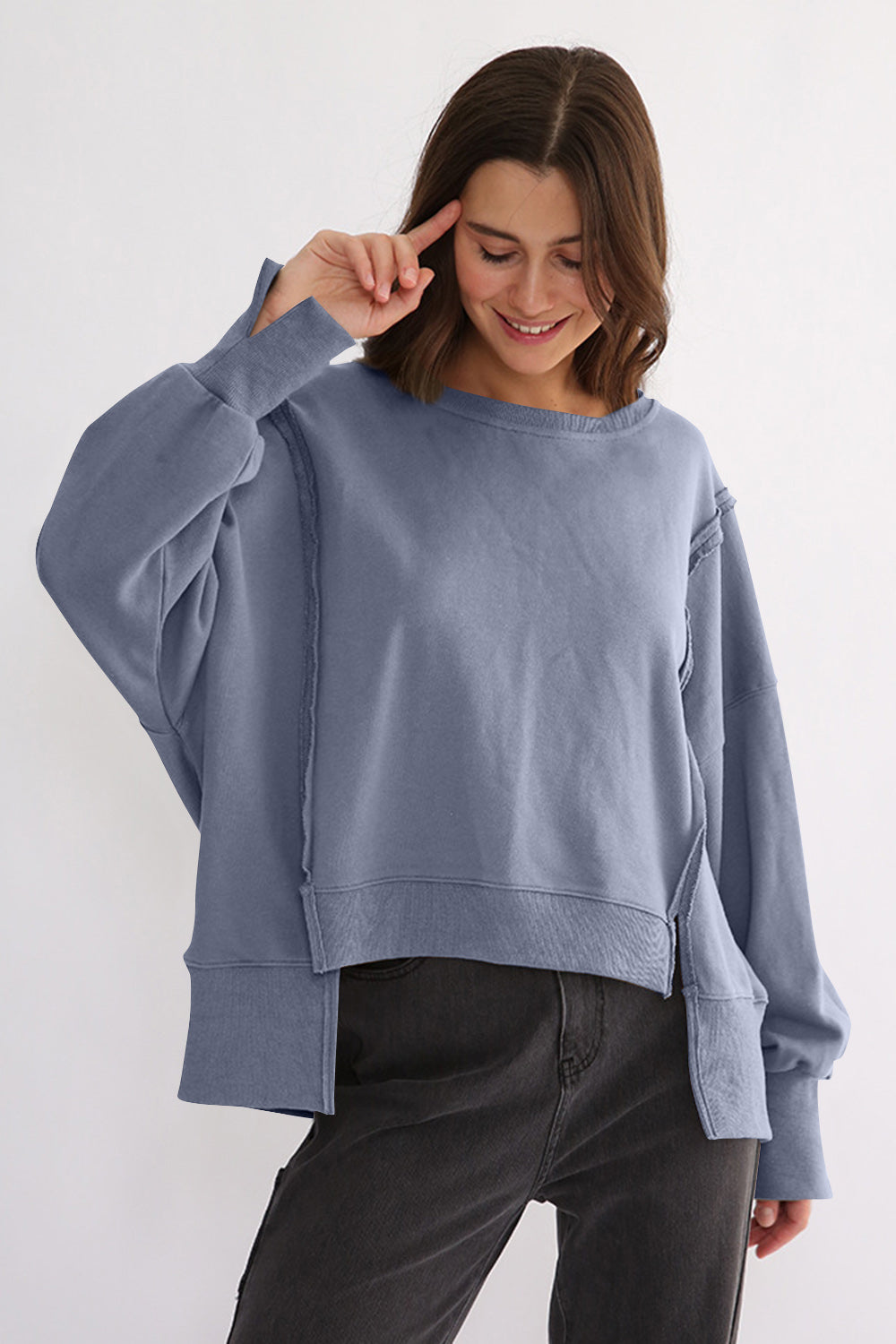 Exposed Seam High-Low Long Sleeve Sweatshirt-TOPS / DRESSES-[Adult]-[Female]-Dusty Blue-One Size-2022 Online Blue Zone Planet