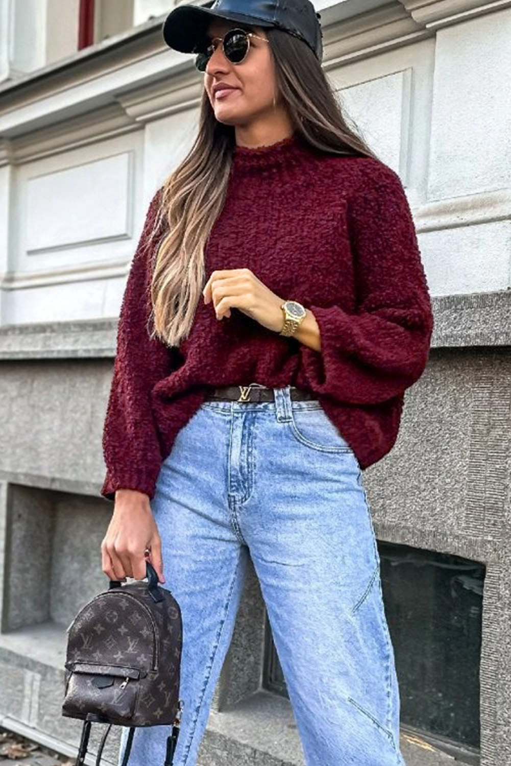 Burgundy Popcorn Mock Neck Solid Sweater-Sweaters & Cardigans/Sweaters-[Adult]-[Female]-2022 Online Blue Zone Planet