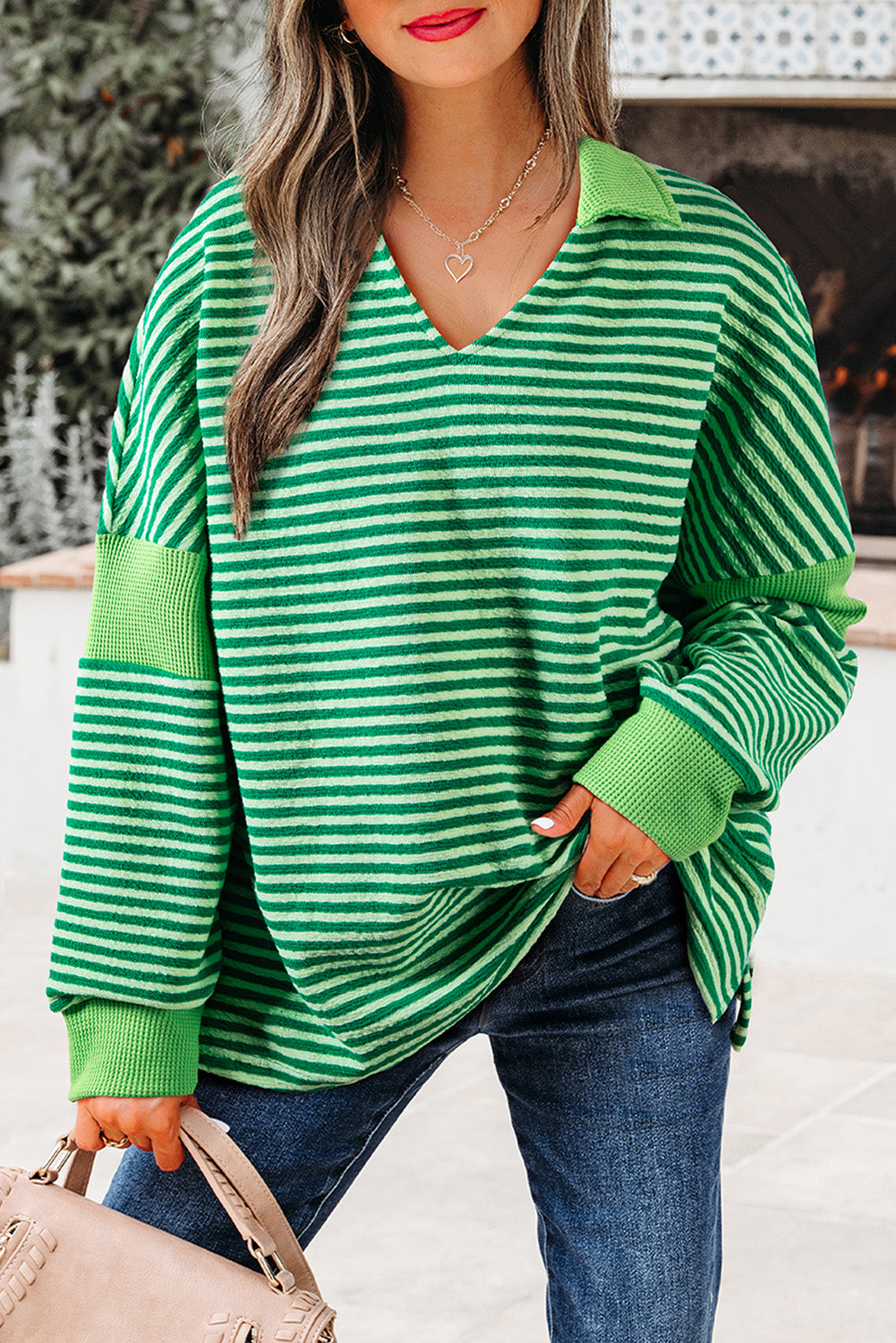 Green Stripe Turn-Down V Neck Patchwork Loose Top-Tops/Long Sleeve Tops-[Adult]-[Female]-2022 Online Blue Zone Planet