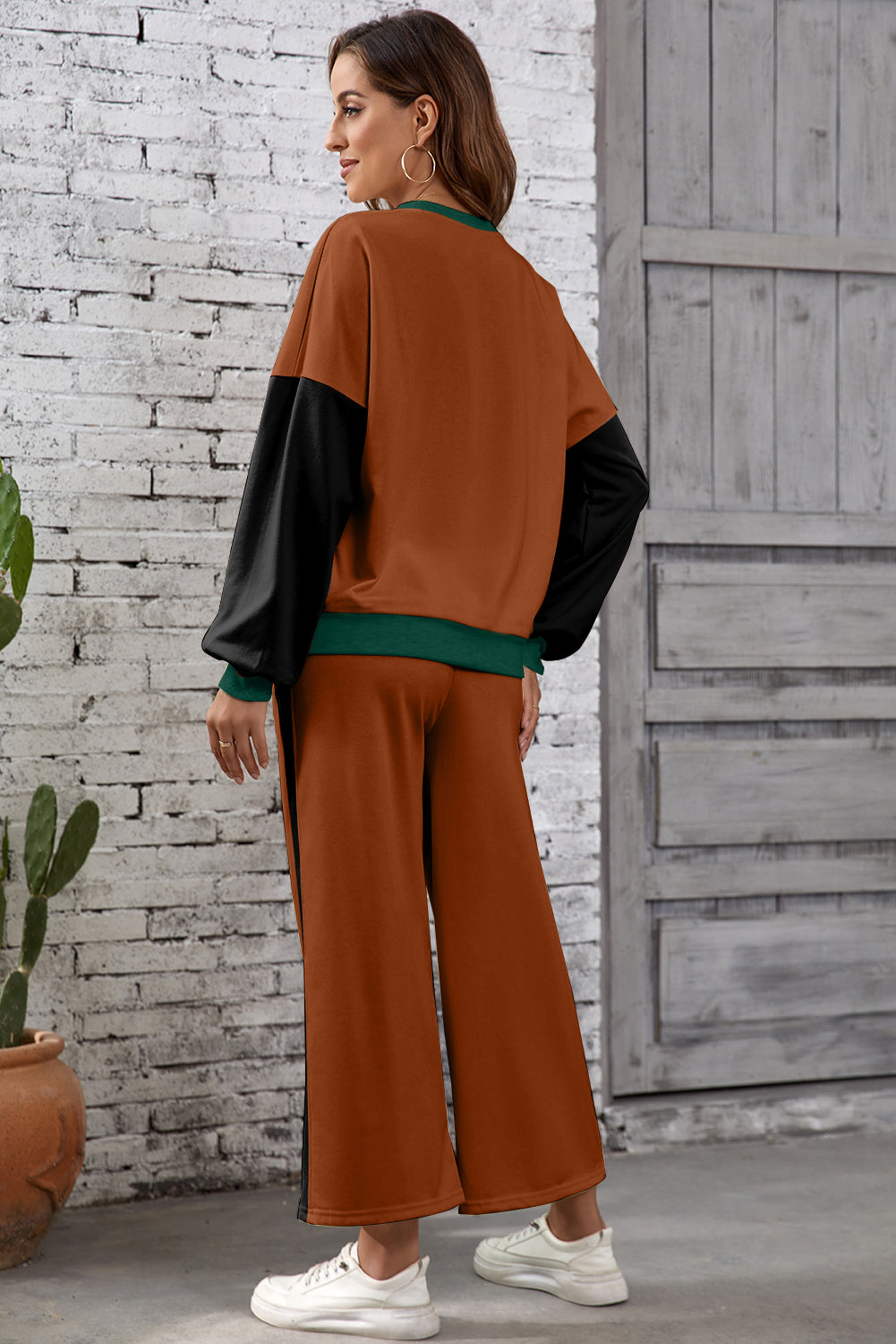 Chestnut 2pcs Color Block Pullover Loose Pant Set-Two Piece Sets/Pant Sets-[Adult]-[Female]-2022 Online Blue Zone Planet