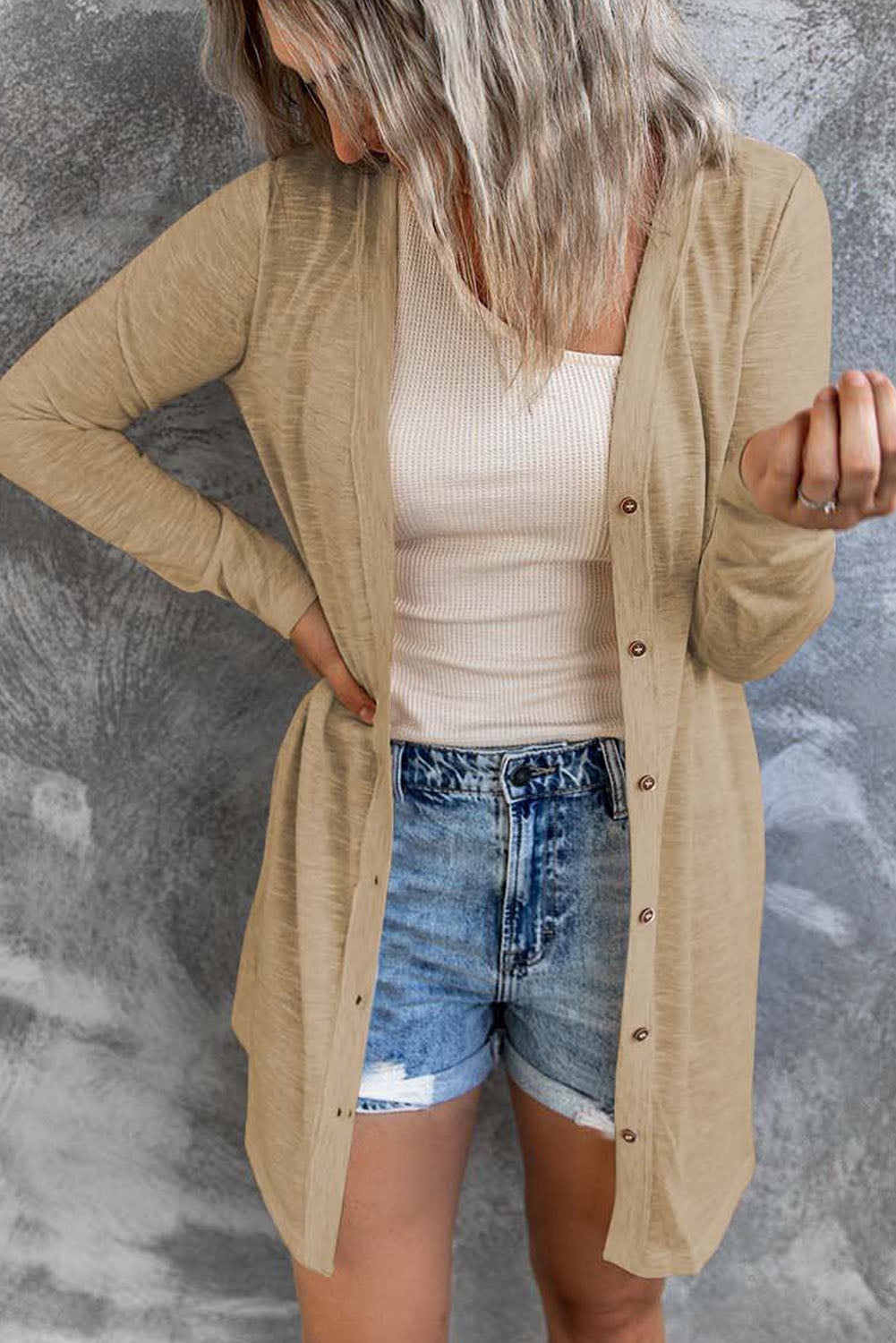 Solid Color Open-Front Buttons Cardigan-Sweaters & Cardigans/Cardigans-[Adult]-[Female]-2022 Online Blue Zone Planet