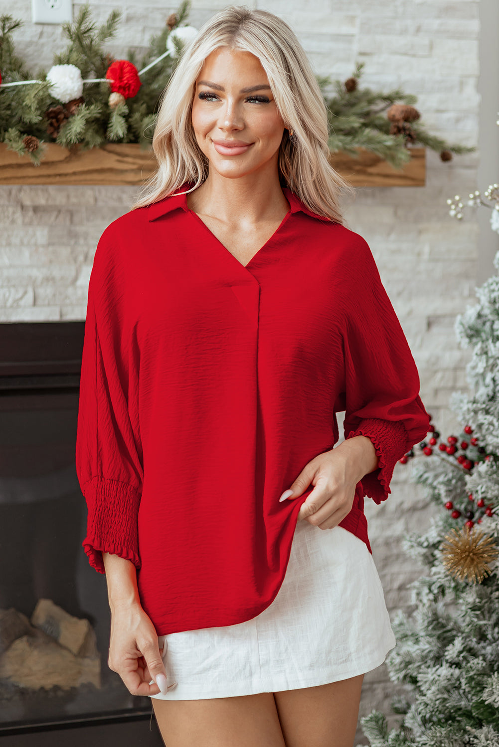 Fiery Red V Neck Collared Shirred 3/4 Sleeve Oversized Tunic Top-Tops/Blouses & Shirts-[Adult]-[Female]-2022 Online Blue Zone Planet