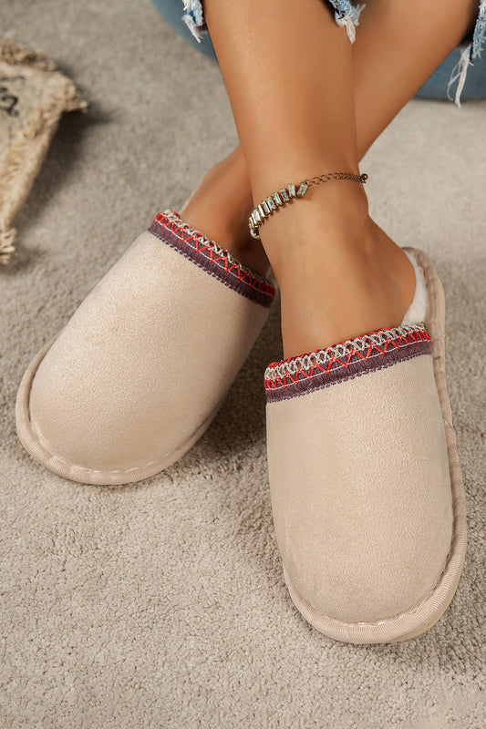 Gray Faux Suede Plush Liner Contrast Embroidered Detail Winter Slippers-Shoes & Bags/Slippers-[Adult]-[Female]-Gray-37-2022 Online Blue Zone Planet