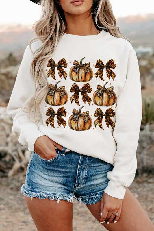 Beige Pumpkin Leopard Bow Knot Print Pullover Sweatshirt-Graphic/Graphic Sweatshirts-[Adult]-[Female]-Beige-S-2022 Online Blue Zone Planet