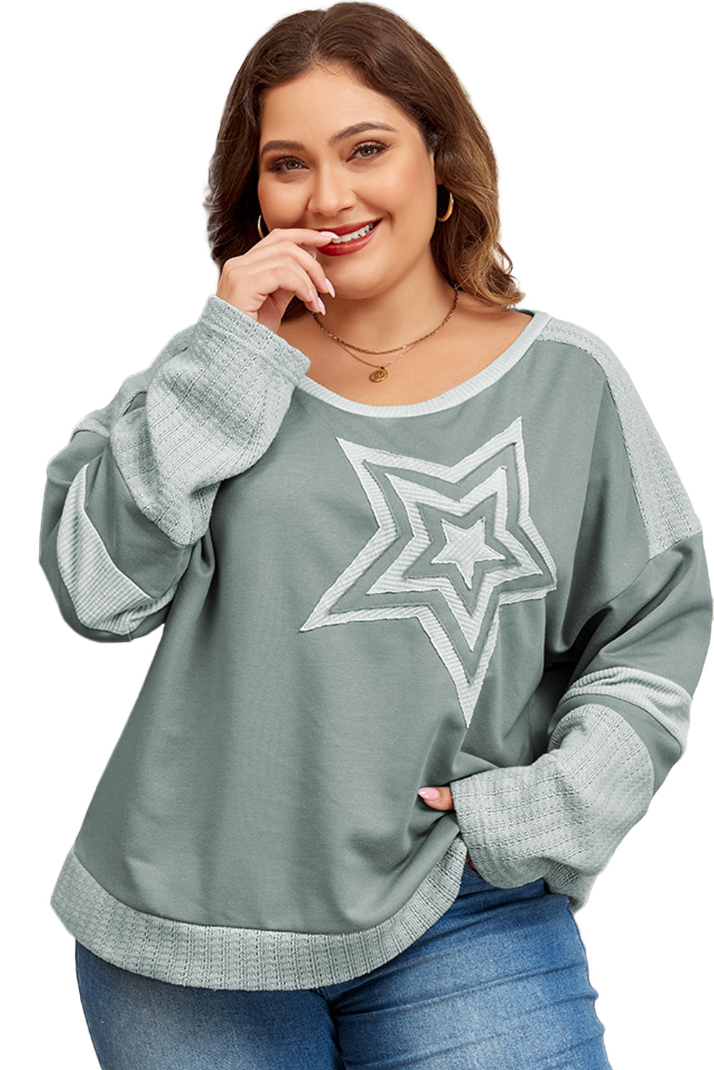 Blue Zone Planet | Mist Green Stars Patchwork Round Neck Plus Size T Shirt-TOPS / DRESSES-[Adult]-[Female]-2022 Online Blue Zone Planet