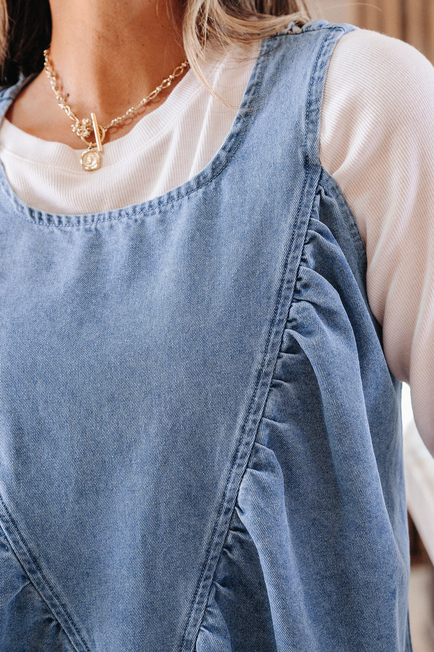 Myosotis Denim Pleated Patchwork Sleeveless Top-Tops/Tank Tops-[Adult]-[Female]-2022 Online Blue Zone Planet