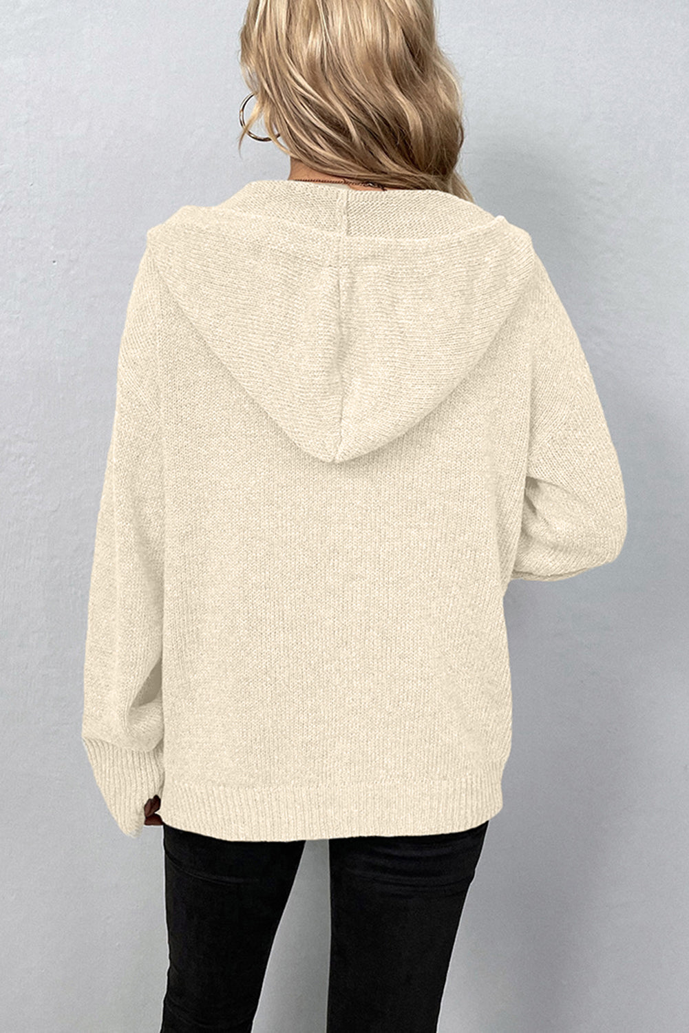 White Hooded Button Up Drop Shoulder Sweater Cardigan-Cardigans-[Adult]-[Female]-2022 Online Blue Zone Planet