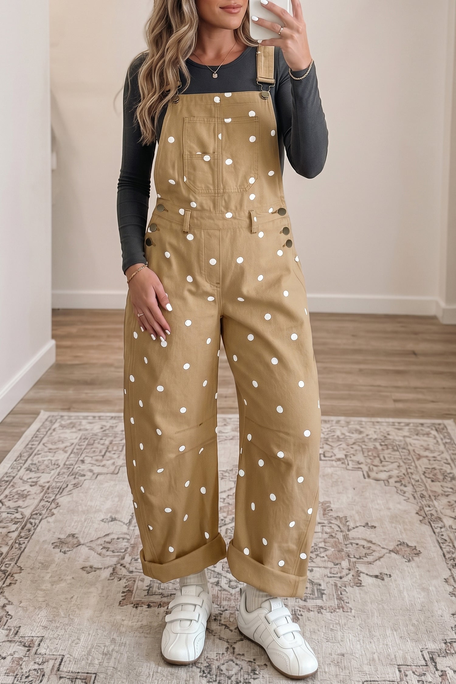 Jet Stream Polka Dot Print Bib Pocket Denim Barrel Overalls Jumpsuit-Bottoms/Jumpsuits & Rompers-[Adult]-[Female]-2022 Online Blue Zone Planet