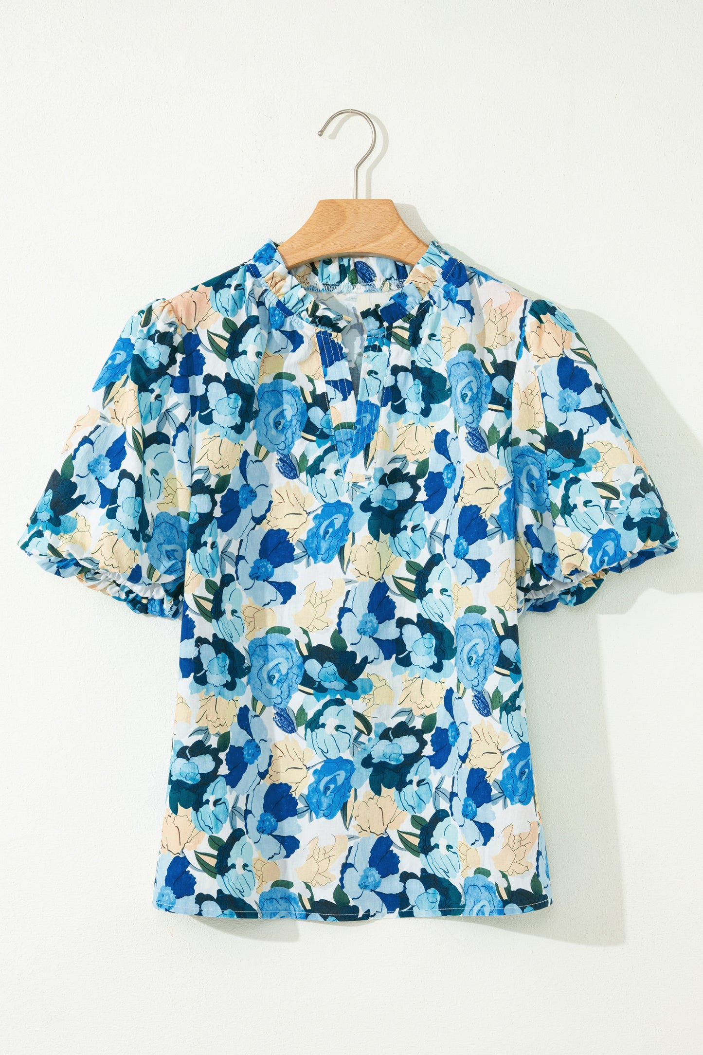 Sky Blue Floral Print Short Puff Sleeve V Neck Blouse-Tops/Blouses & Shirts-[Adult]-[Female]-2022 Online Blue Zone Planet