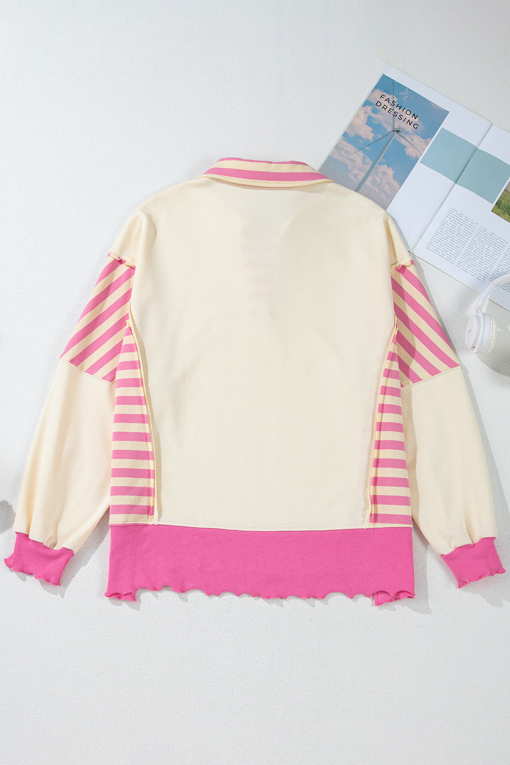 Pink Stripe Patchwork Sequin Heart Pattern Long Sleeve Collared Split Top-Graphic Apparel-[Adult]-[Female]-2022 Online Blue Zone Planet