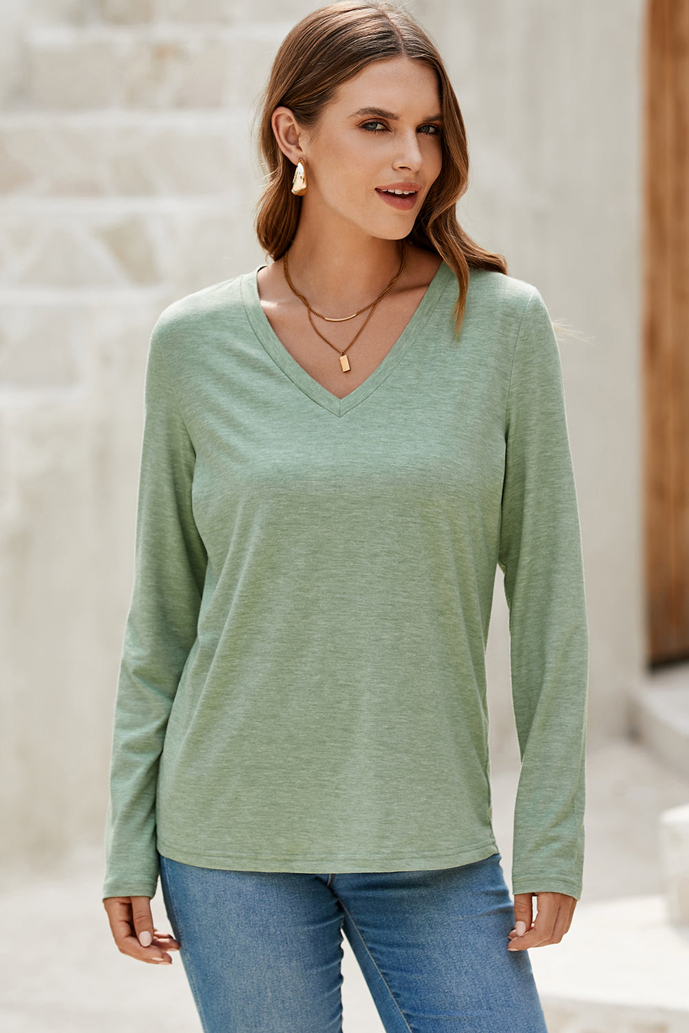 Grass Green Solid Color V Neck Long Sleeve Stretchy Top-Tops/Long Sleeve Tops-[Adult]-[Female]-2022 Online Blue Zone Planet
