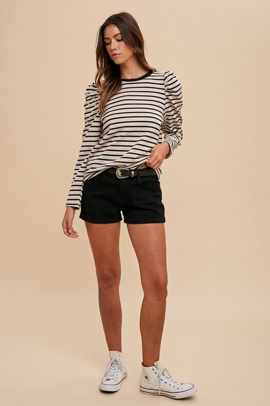 Annie Wear Striped Round Neck Puff Sleeve French Terry Top-TOPS / DRESSES-[Adult]-[Female]-2022 Online Blue Zone Planet