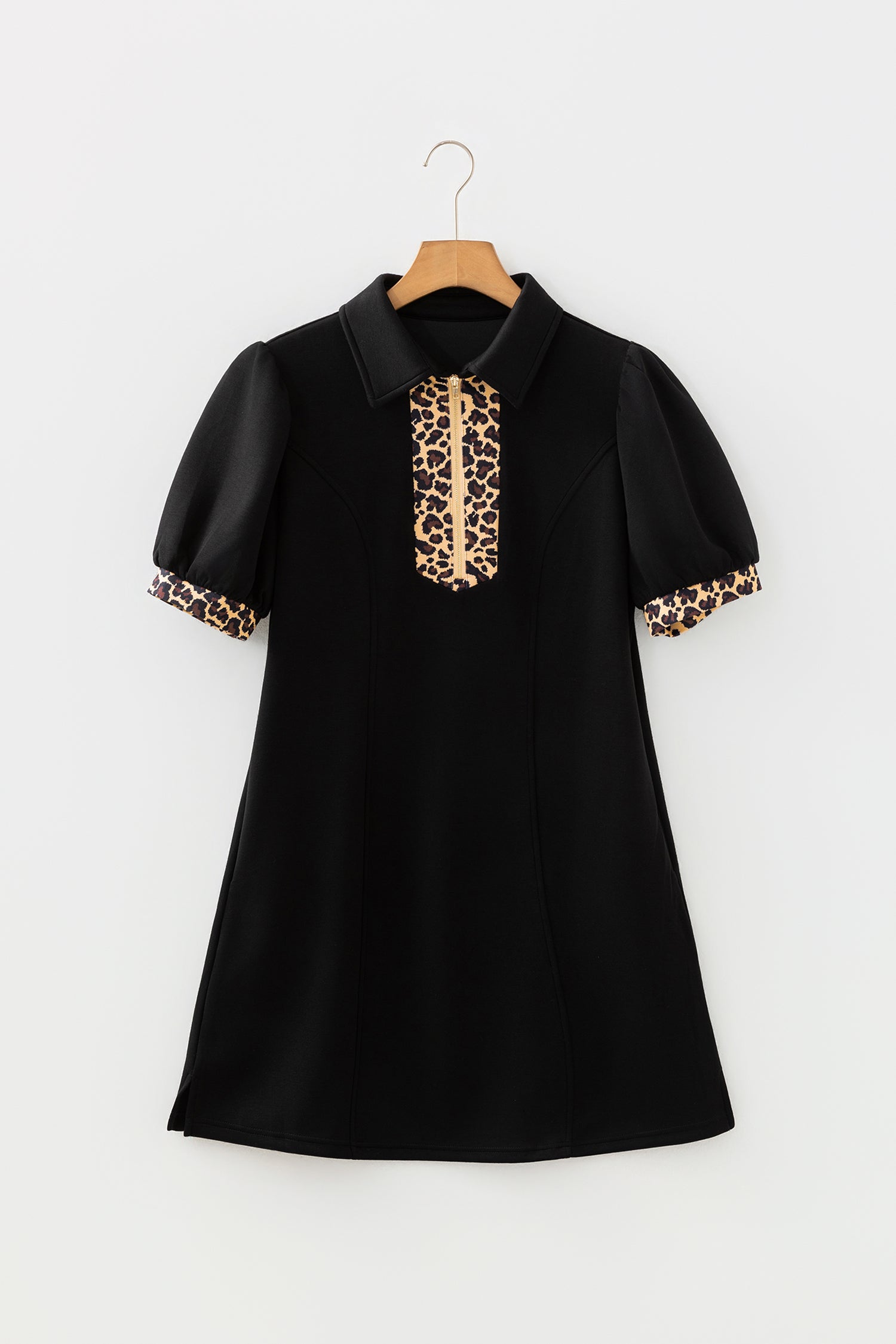 Black Leopard Patchwork Zip Collared Short Puff Sleeve Shift Mini Dress-TOPS / DRESSES-[Adult]-[Female]-2022 Online Blue Zone Planet