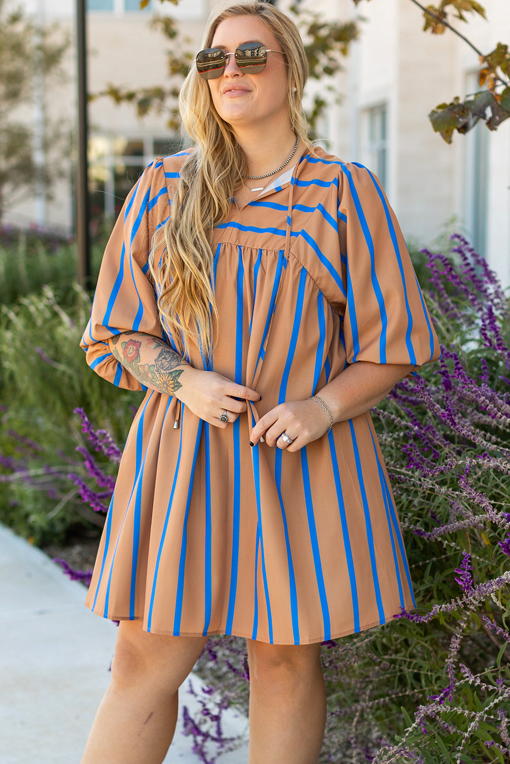 Blue Zone Planet | Khaki Stripe Contrast Striped Print 3/4 Sleeve Babydoll Plus Size Dress-TOPS / DRESSES-[Adult]-[Female]-2022 Online Blue Zone Planet