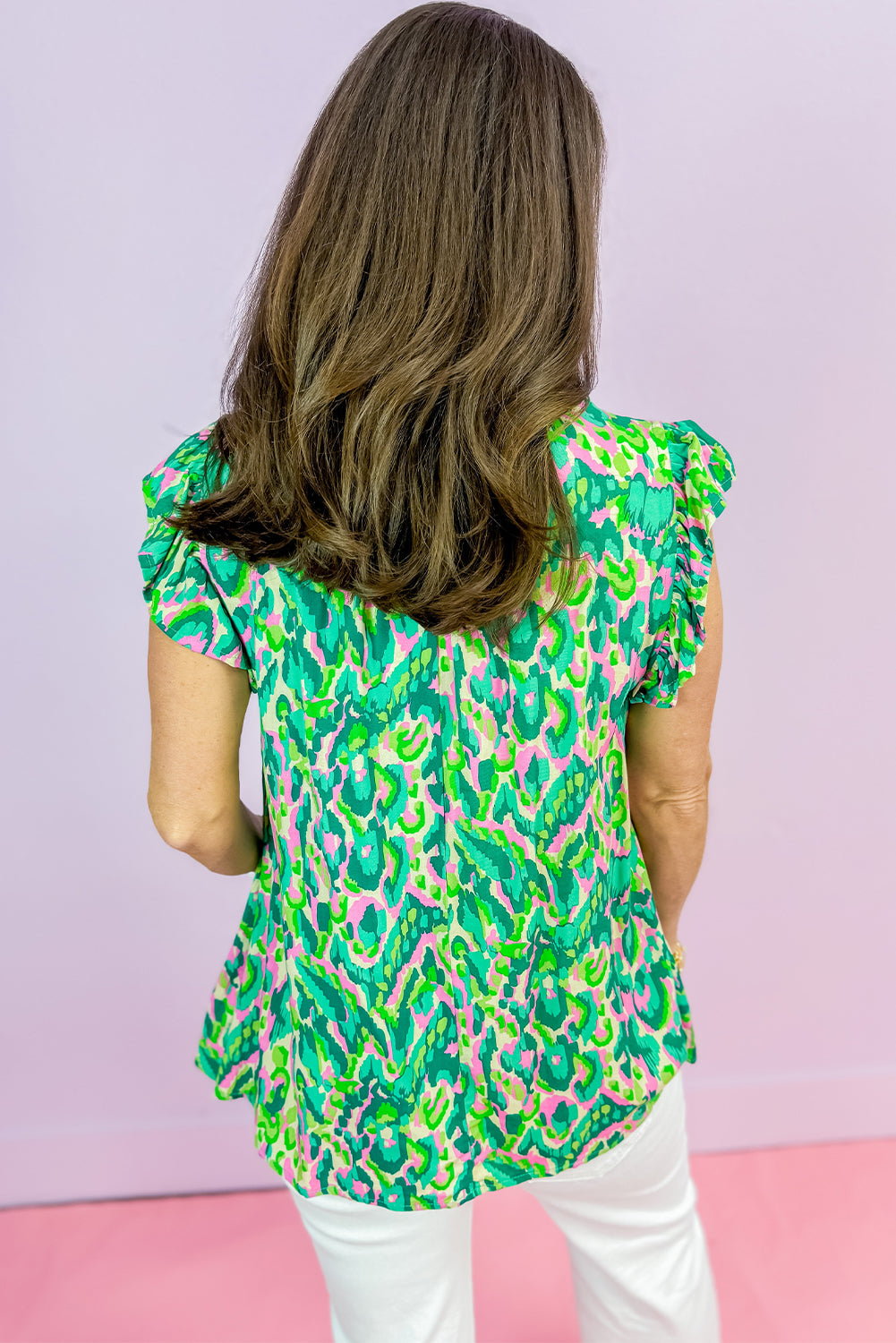 Green Abstract Print Ruffled Trim Tied Split Neck Tank Top-Tops/Tank Tops-[Adult]-[Female]-2022 Online Blue Zone Planet