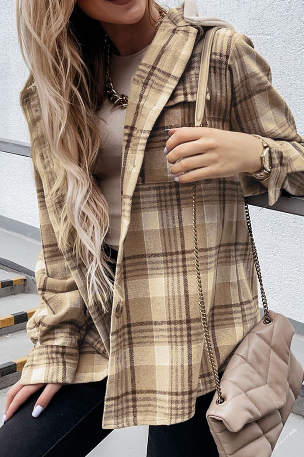 Plaid Button Up Long Sleeve Hooded Jacket-TOPS / DRESSES-[Adult]-[Female]-2022 Online Blue Zone Planet