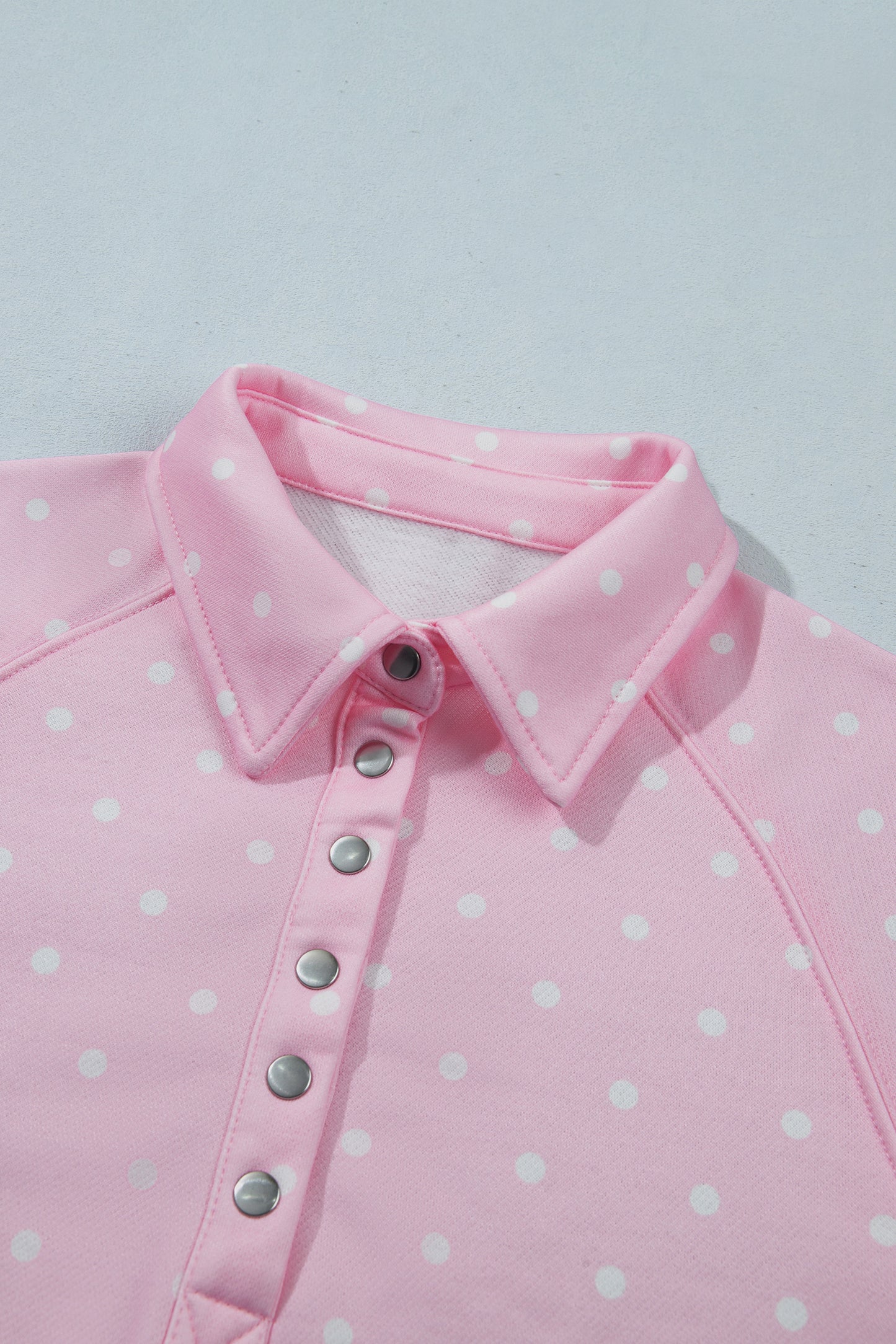 Pink Polka Dot Print Metal Button Collar Casual Pullover Sweatshirt-Tops/Sweatshirts & Hoodies-[Adult]-[Female]-2022 Online Blue Zone Planet