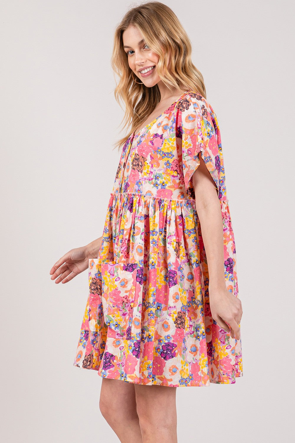 SAGE + FIG Floral Short Sleeve Babydoll Dress with Pockets-TOPS / DRESSES-[Adult]-[Female]-2022 Online Blue Zone Planet