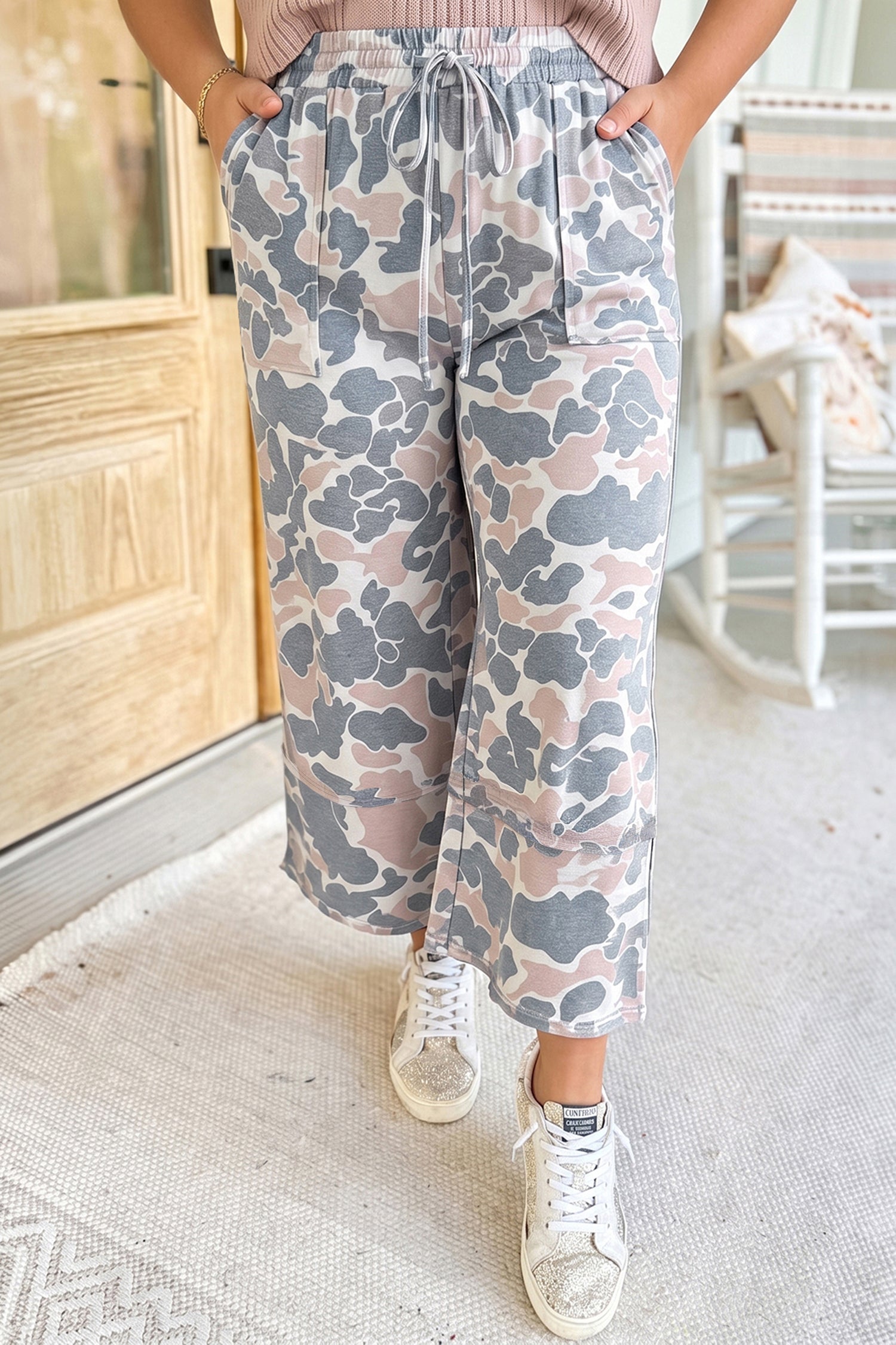 Khaki Camouflage Print Patch Pockets Ankle-Length Plus Size Pants-Plus Size/Plus Size Bottoms-[Adult]-[Female]-Khaki-1X-2022 Online Blue Zone Planet