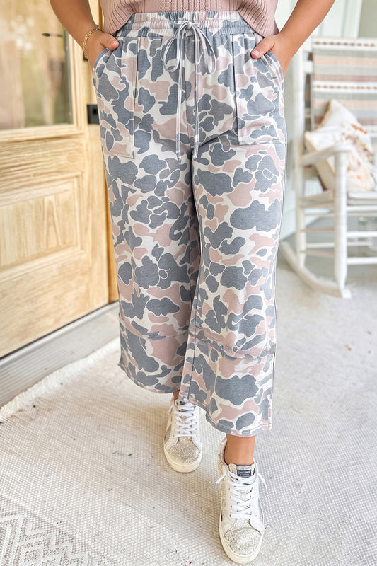 Khaki Camouflage Print Patch Pockets Ankle-Length Plus Size Pants-Plus Size/Plus Size Bottoms-[Adult]-[Female]-Khaki-1X-2022 Online Blue Zone Planet