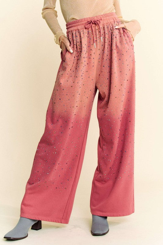 Davi & Dani Rhinestone Drawstring Wide Leg Pants-BOTTOM SIZES SMALL MEDIUM LARGE-[Adult]-[Female]-Deep Rose-S-2022 Online Blue Zone Planet