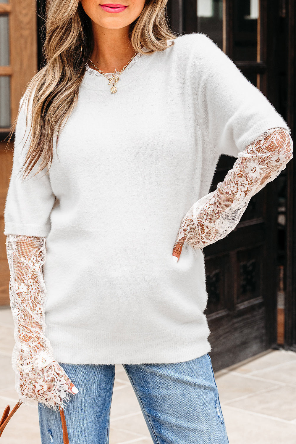 Beige Lace Sleeve Patchwork Faux Two-piece Fuzzy Sweater-TOPS / DRESSES-[Adult]-[Female]-2022 Online Blue Zone Planet