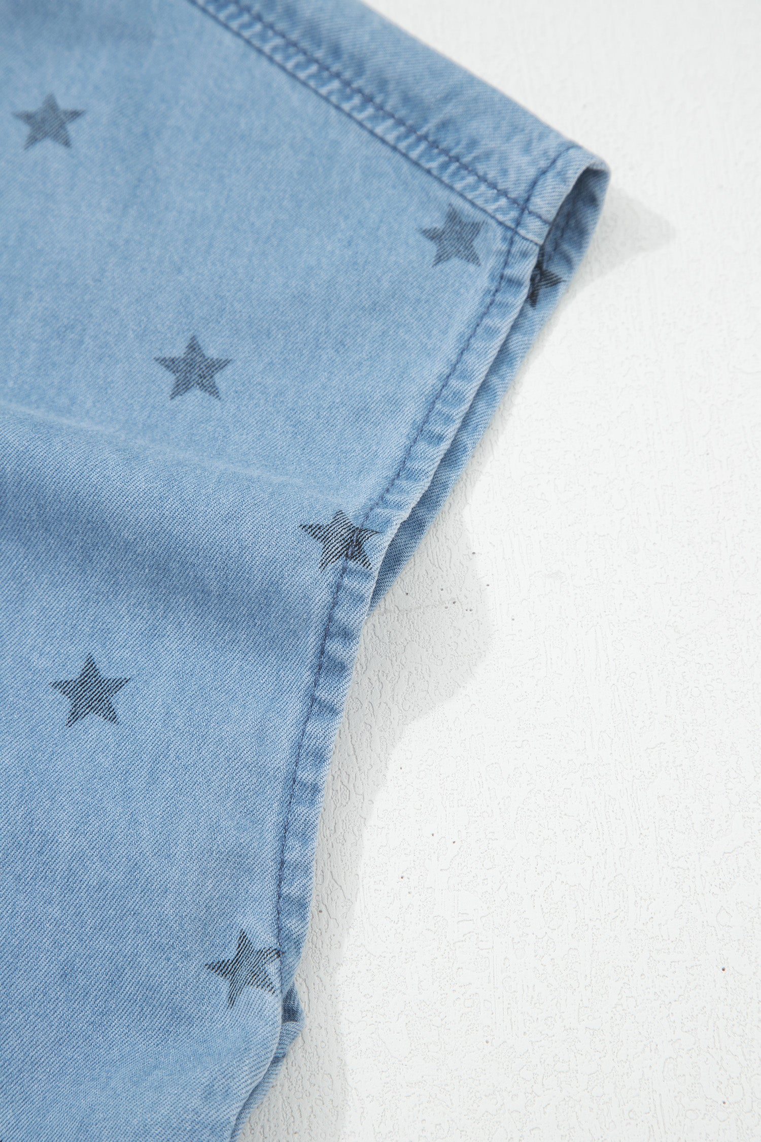 Beau Blue Star Allover Print Double Chest Pocket Short Sleeve Denim Shirt-Tops/Blouses & Shirts-[Adult]-[Female]-2022 Online Blue Zone Planet