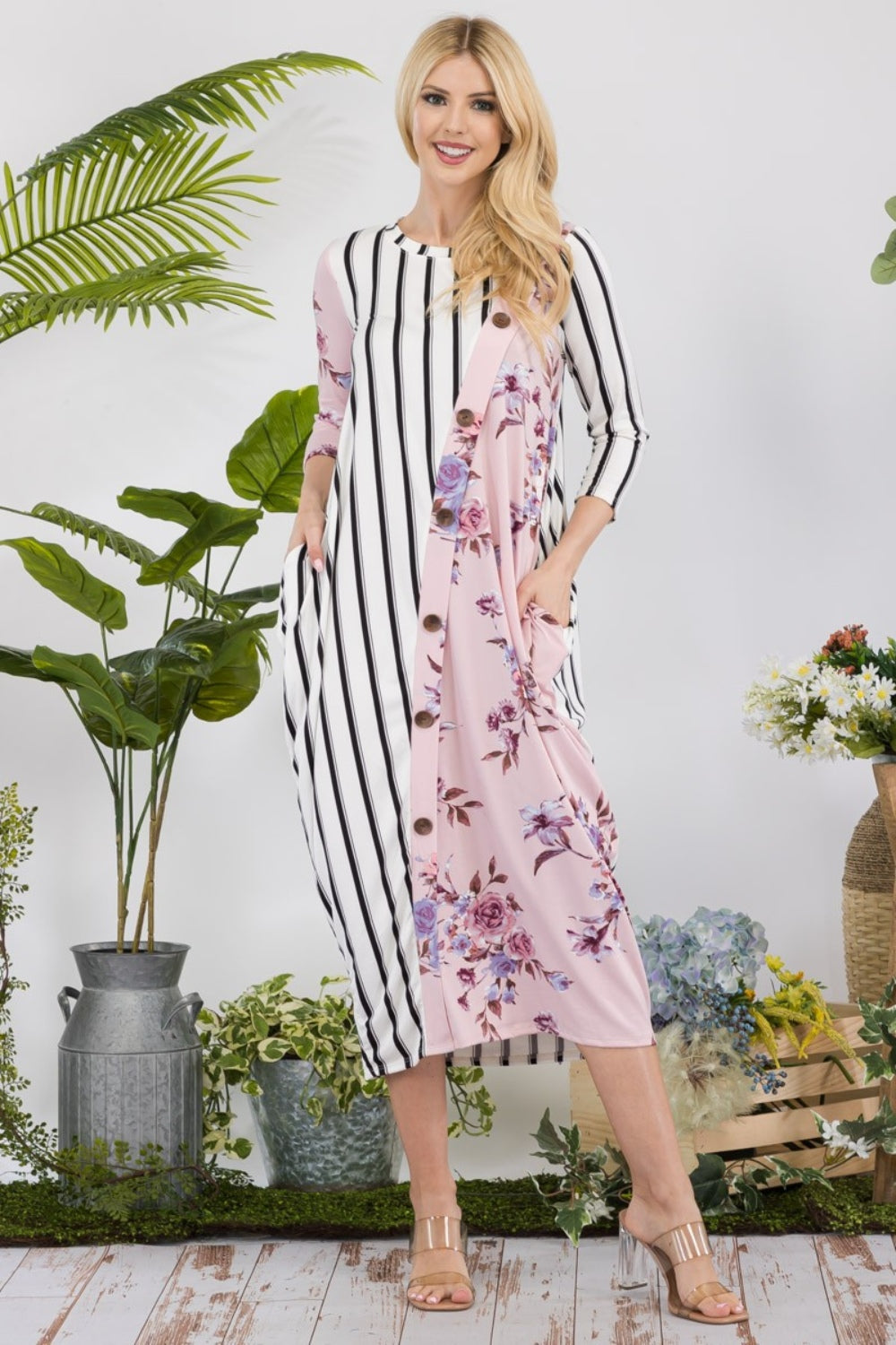 Celeste Full Size Floral Striped Contrast Midi-Dress with Pockets-TOPS / DRESSES-[Adult]-[Female]-2022 Online Blue Zone Planet