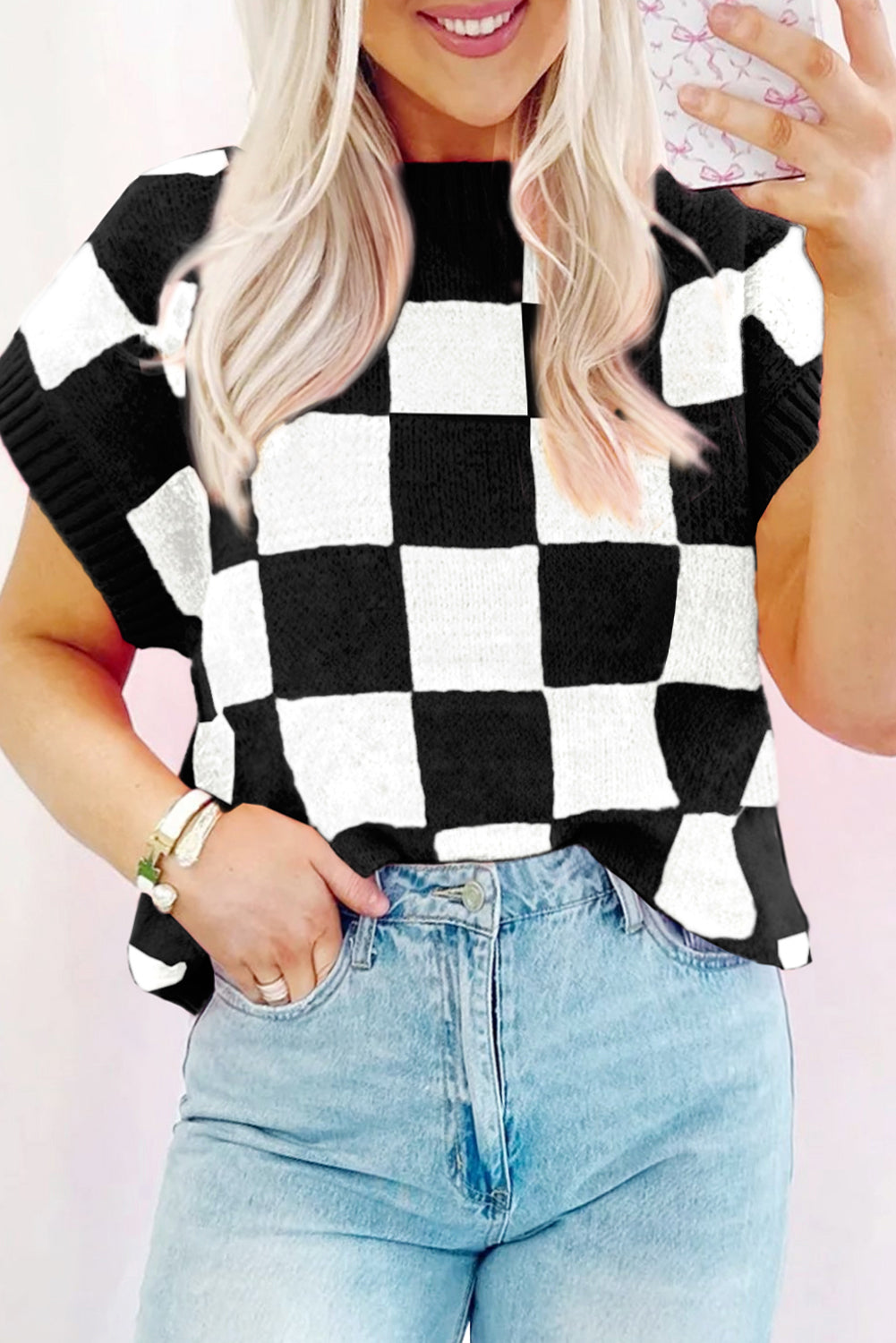 Color black Colorblock Plaid Pattern Ribbed Trim Sweater Tank Top-Sweaters & Cardigans/Sweater Vests-[Adult]-[Female]-Color black-S-2022 Online Blue Zone Planet