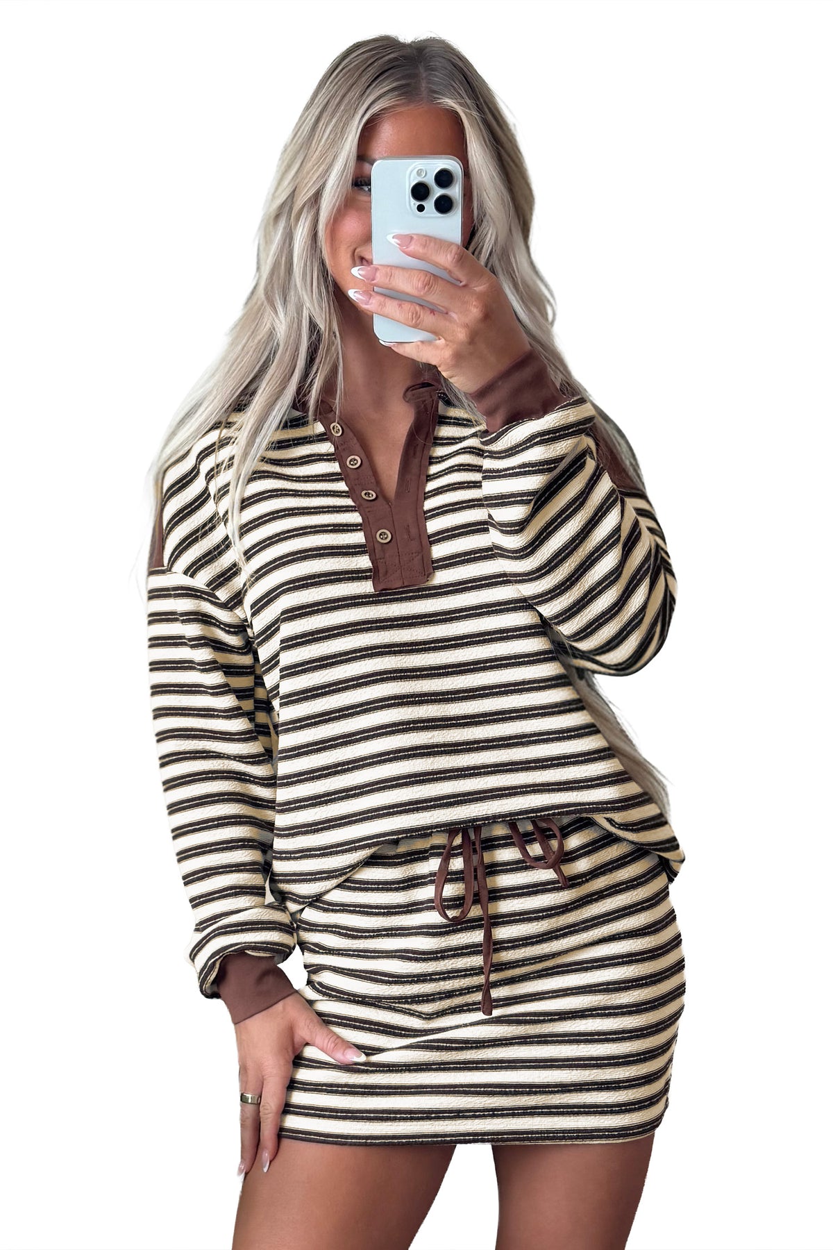 Brown Stripe Contrast Trim Button Neck Long Sleeve Top Drawstring Mini Skirt Set-Two Piece Sets/Two Piece Dresses-[Adult]-[Female]-2022 Online Blue Zone Planet